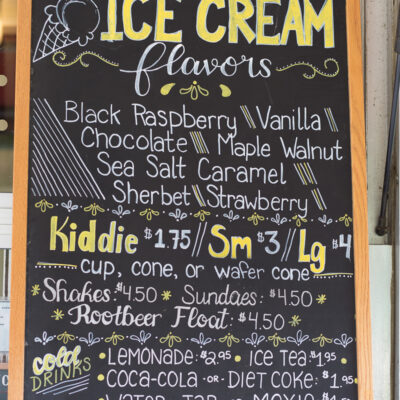 Ice cream & cold drinks menu for Mildred's Dairy Bar at the Vermont Country Store.